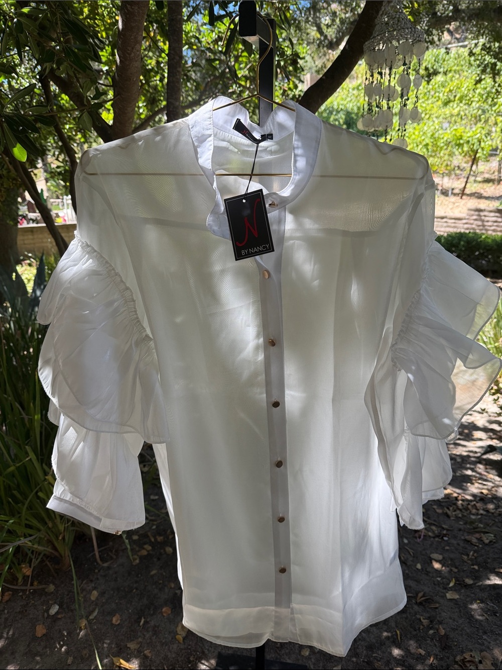 N by Nancy White Ruffle Sleeve Button-Down Top